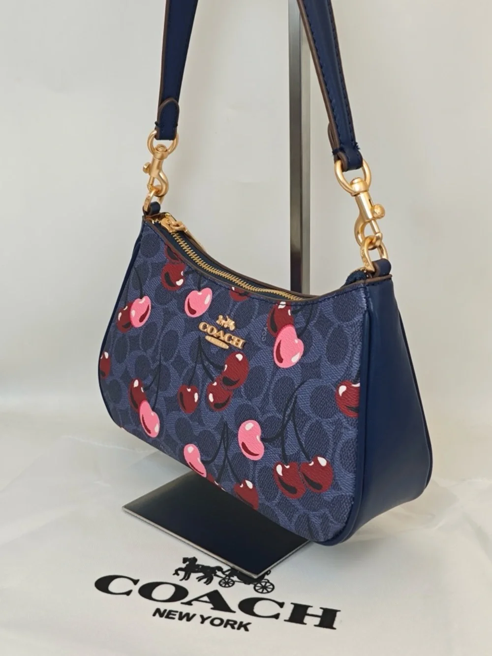 Coach Navy Cherry Print Shoulder Bag with Pink & Red Accents